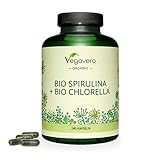 CHLORELLA SPIRULINA BIO Vegavero ® | Hochdosiert: 2.000 mg Spirulina Chlorella Pulver pro Tagesdosis | Chlorella Vulgaris und Spirulina Platensis | 240 Kapseln | 100% BIO | Vegan