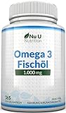Omega 3 Fischöl 1000mg - 365 Softgelkapseln - Bis zu 12 Monate Vorrat - Reines Fischöl mit Ausgewogenem EPA & DHA - Schadstofffreies Omega 3 - Hergestellt in Großbritannien durch Nu U Nutrition